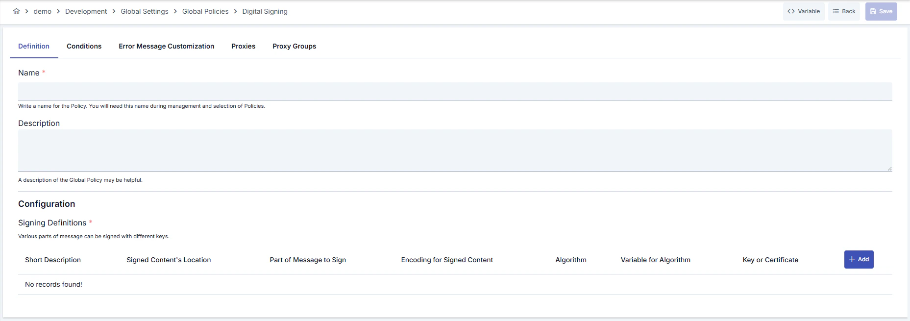 Digital Signature Policy Configuration