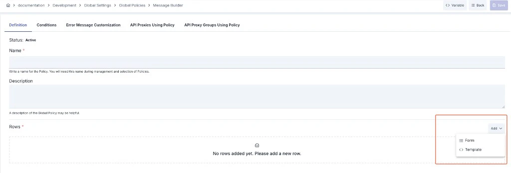 Message Builder global policy Definition tab, Rows section and Add menu with Form and Template options