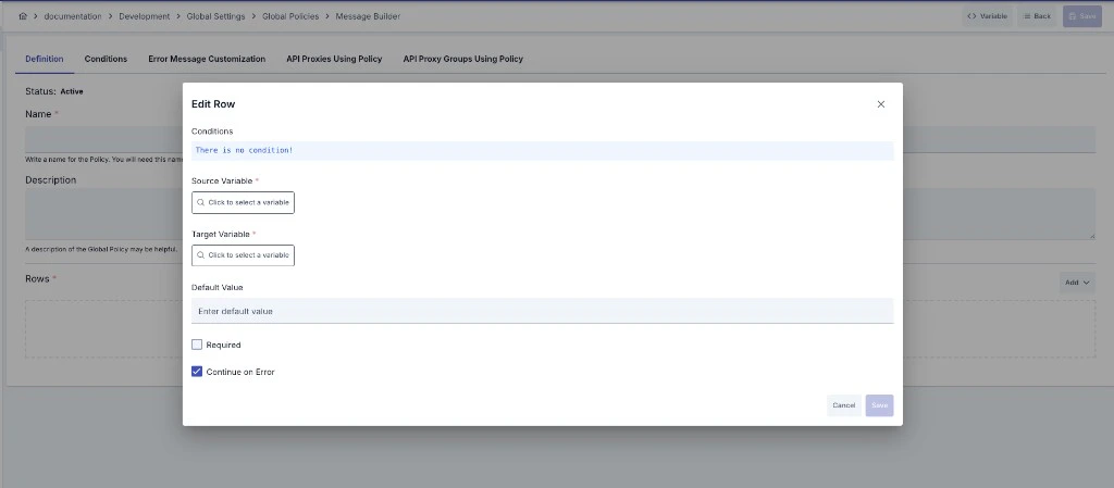Message Builder row edit Form mode: Source and Target Variable, Default Value, Required, Continue on Error