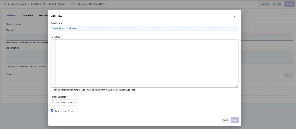Message Builder row edit Template mode: Template, Target Variable, Continue on Error