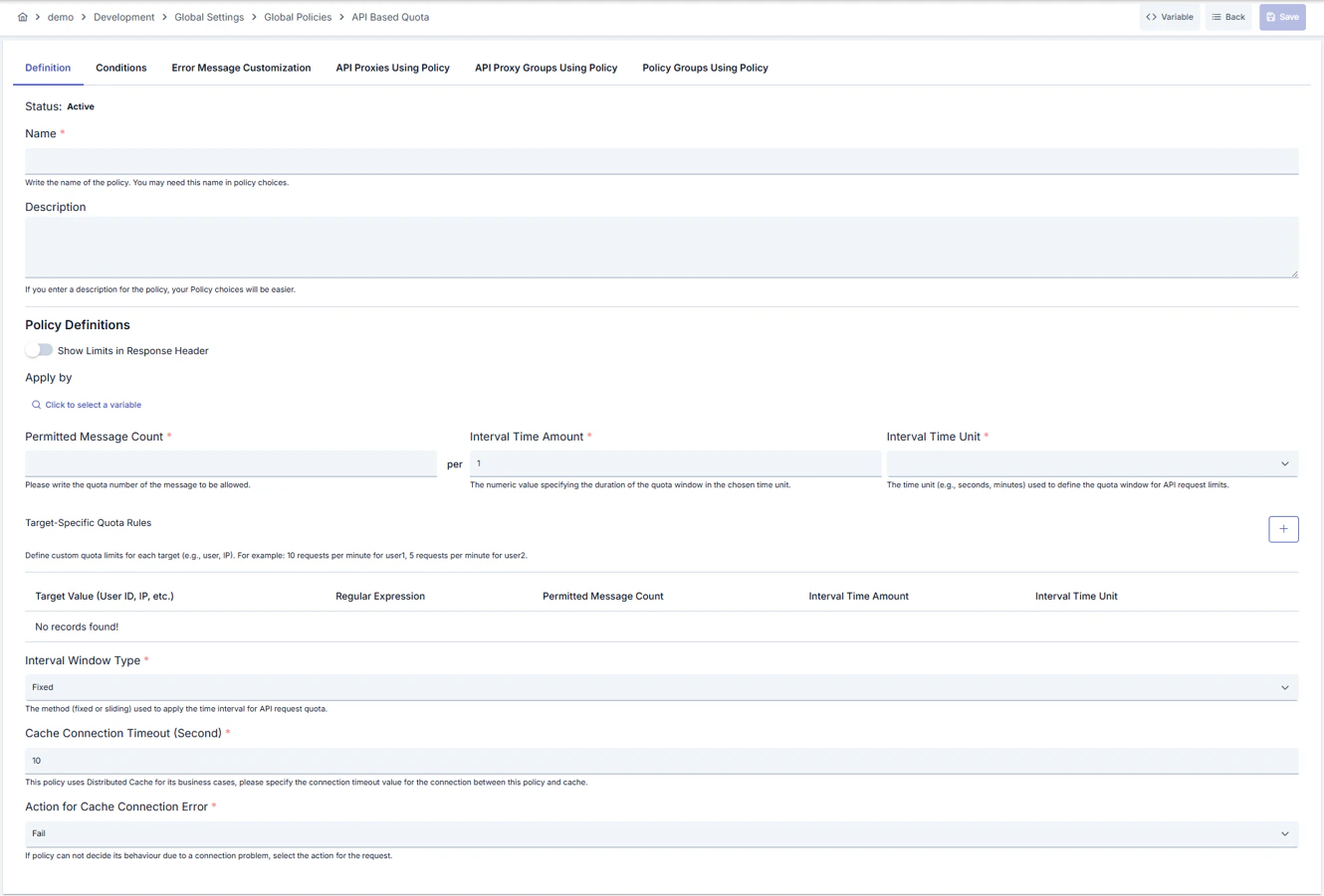 API Based Quota Policy Configuration