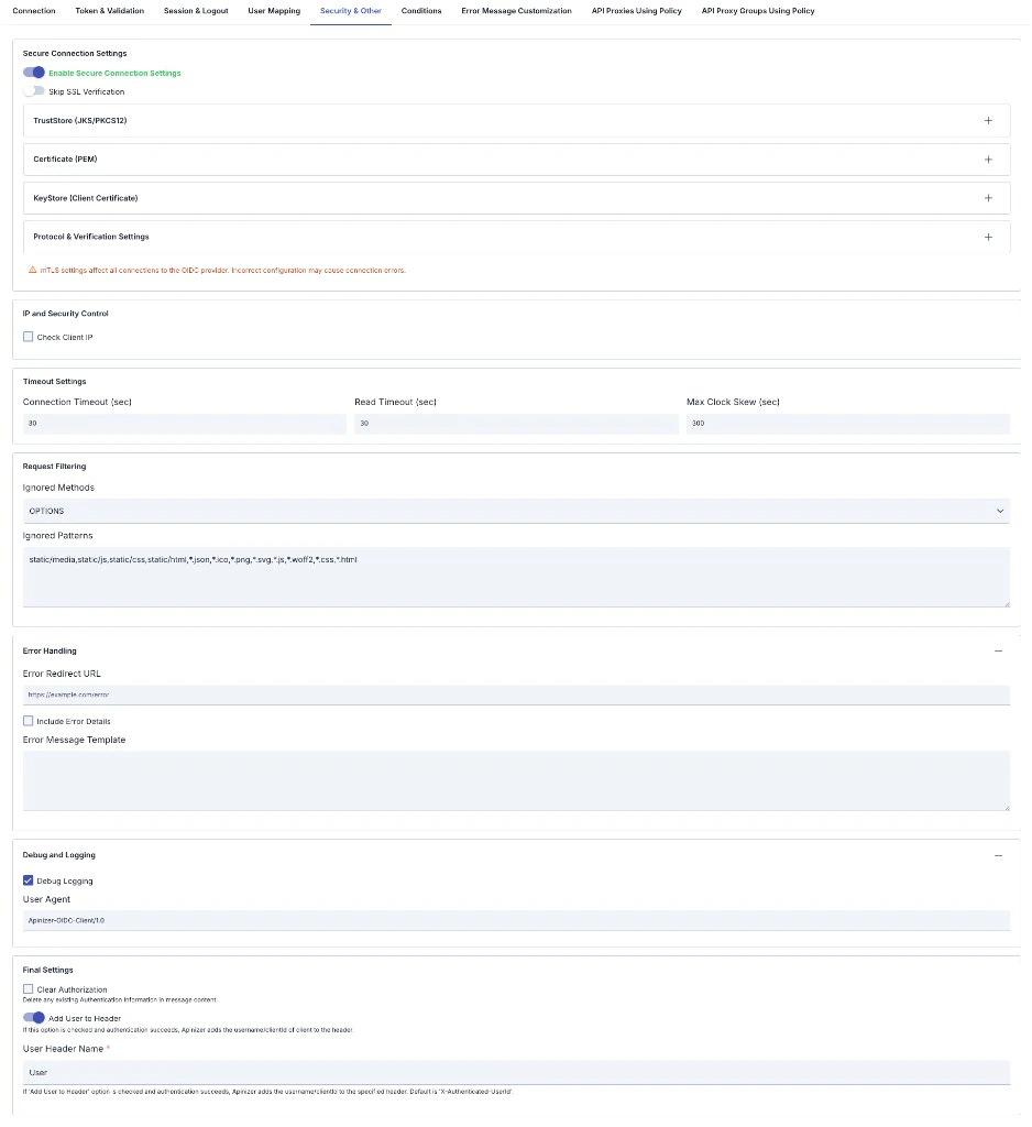 OIDC Security & Other tab