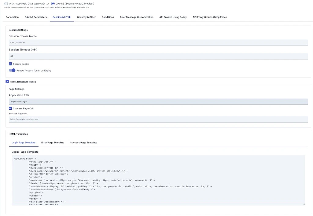 Session & HTML tab: session settings and HTML response pages