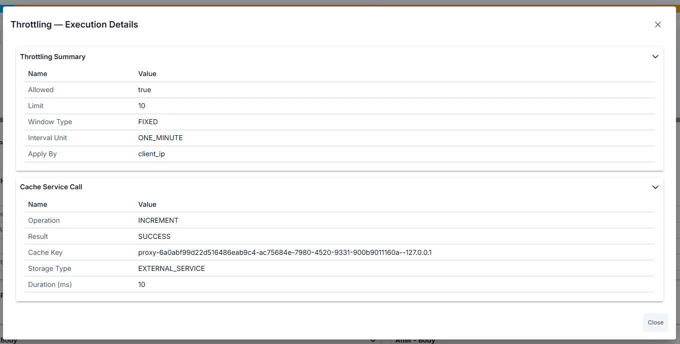 Trace — Cache policy selected, Cache Execution Details button