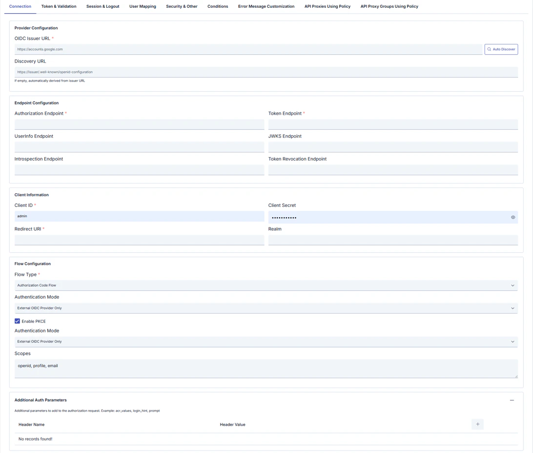 OIDC Connection: provider, endpoints, client, and flow