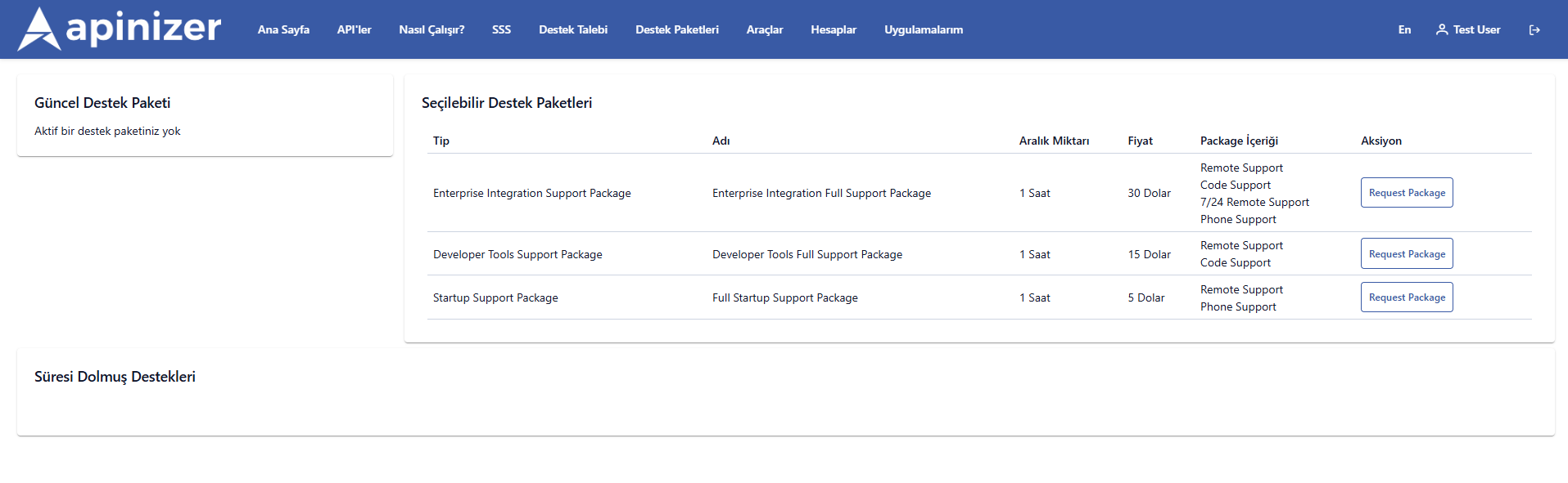 Portal'da Destek Paketi Seçimi