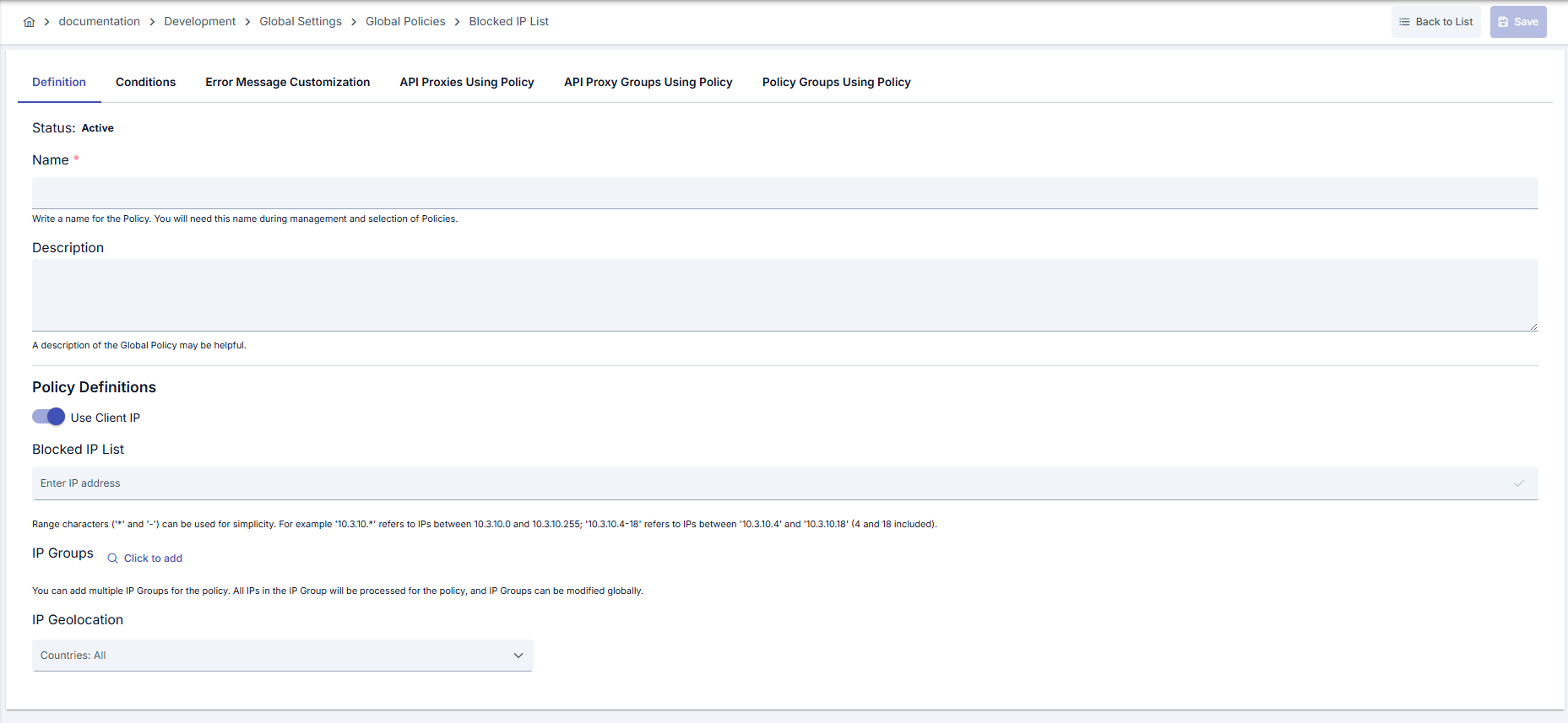 Blocked IP List Policy