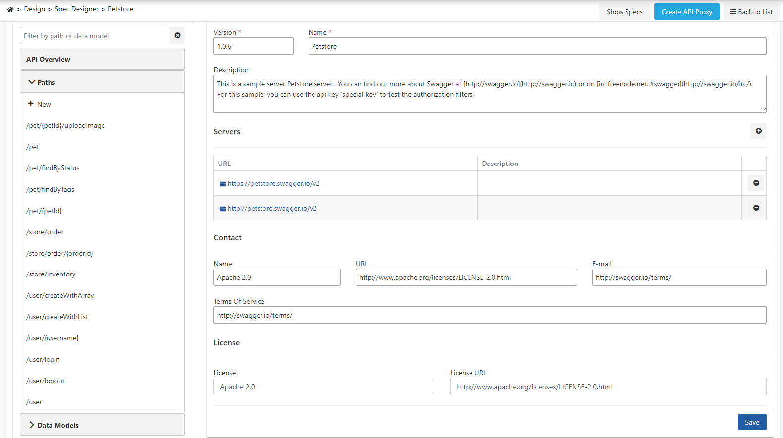 API Definition Document Settings
