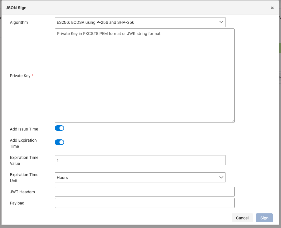 JSON İmzala ayarları