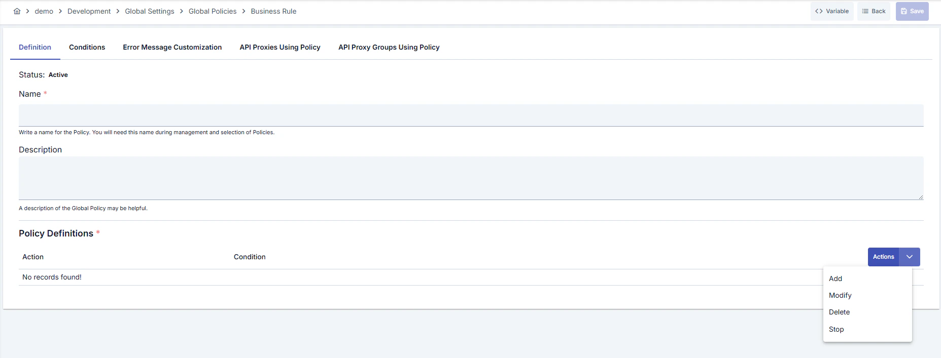 Policy Definitions and Actions menu (Add, Modify, Delete, Stop)