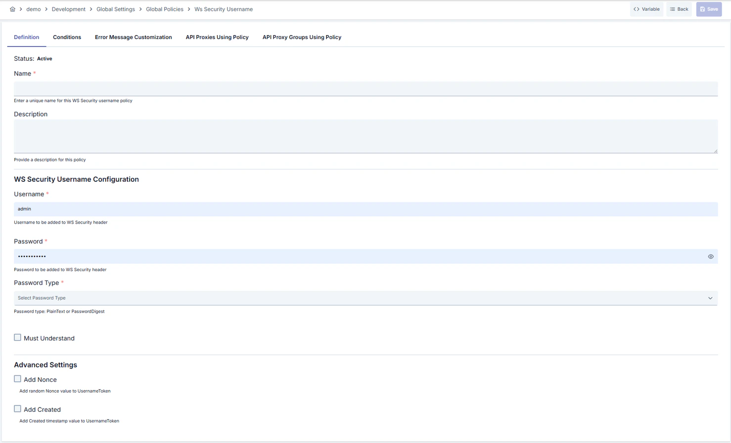 WS Security Username Token Policy
