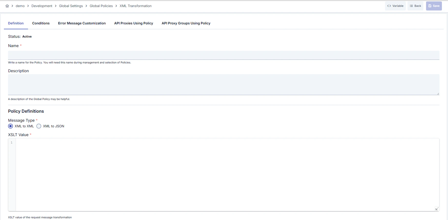 XML Transformation Policy