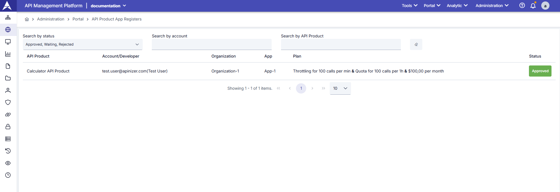 API Product Application Registrations Screen