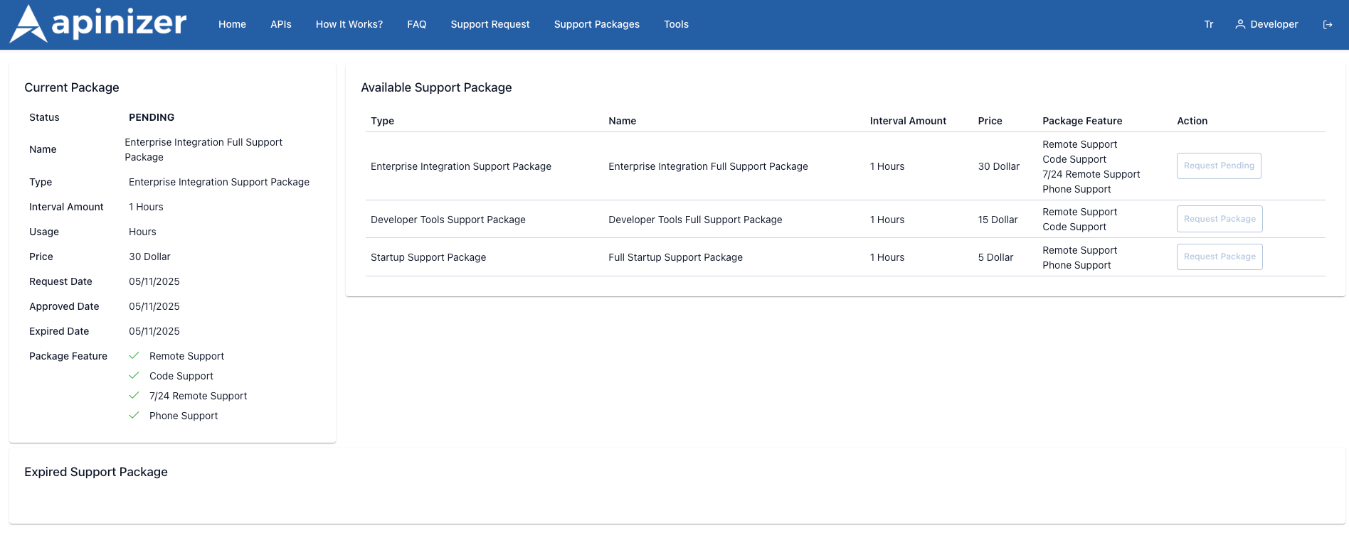 Support Packages View on Portal