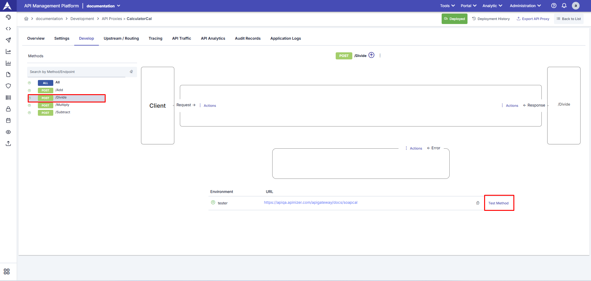 SOAP endpoint listesinin görüntülendiği Test Method ekranı