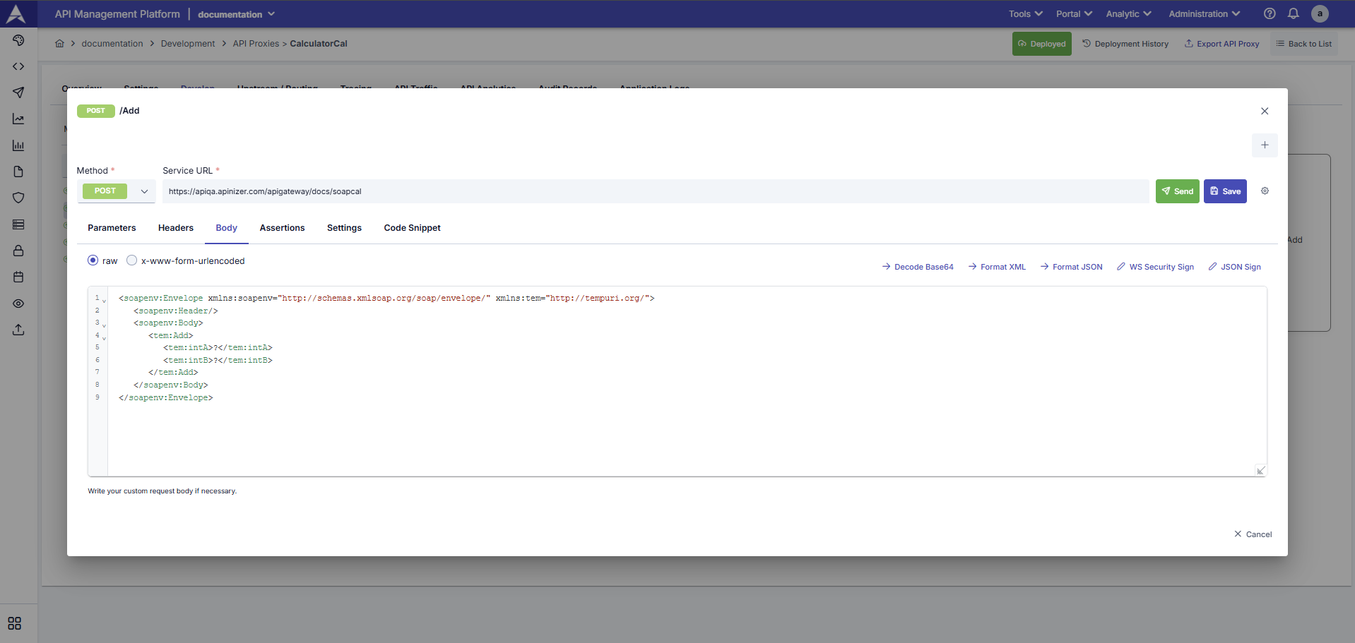 SOAP servislerinin XML request ile manuel olarak test edildiği ekran