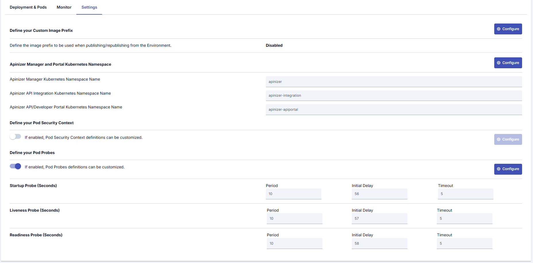 Kubernetes Ayarlar Sekmesi