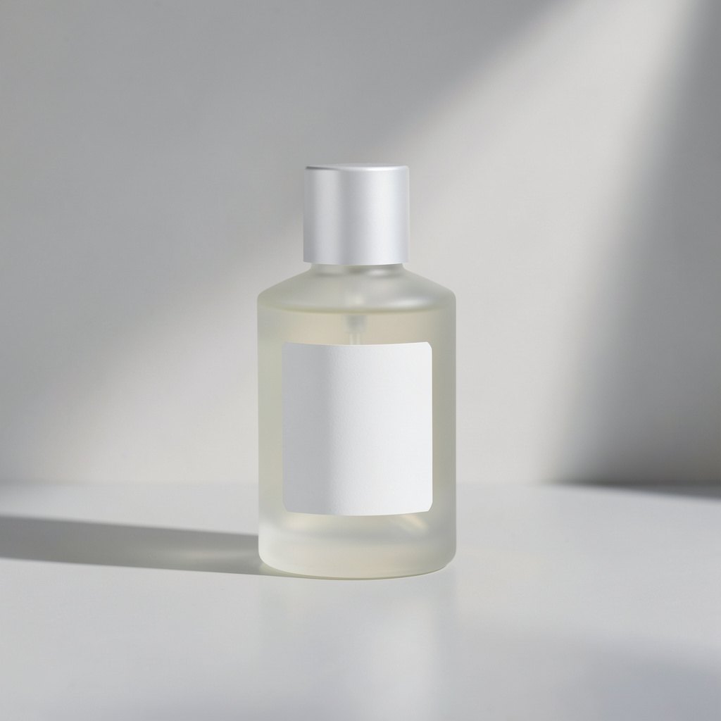 FLUX.2 klein 文生图实测：浅灰背景上的磨砂玻璃香水瓶，单侧柔光，极简产品摄影