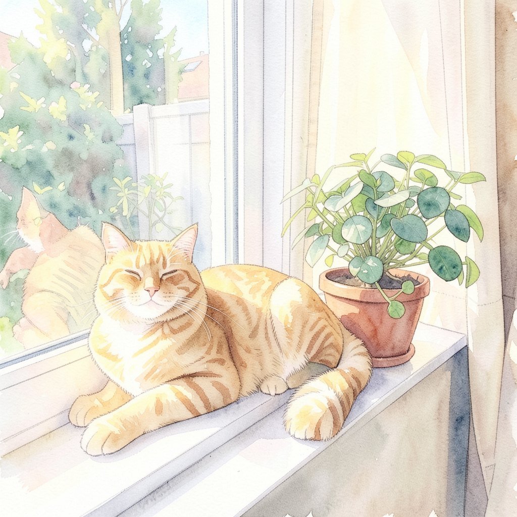 FLUX.2 klein 编辑实测:窗台上的橘猫改写为水彩插画风格,姿态与窗台绿植位置保留