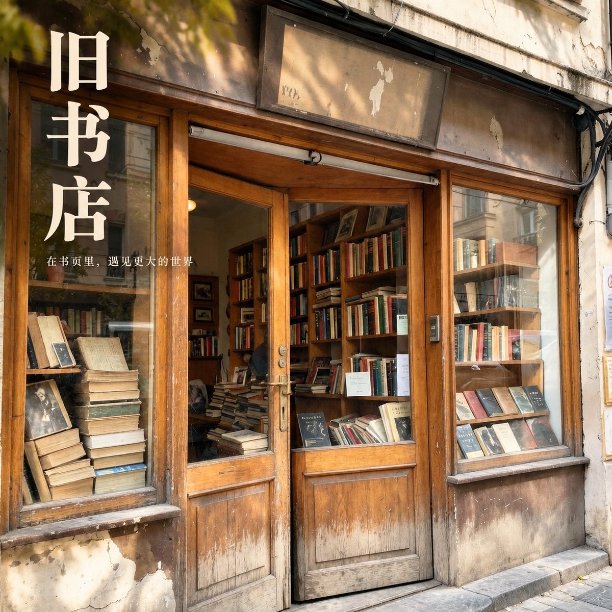 GPT-Image 2.5-all editing sample: old bookstore facade turned into a magazine cover with a vertical Chinese headline