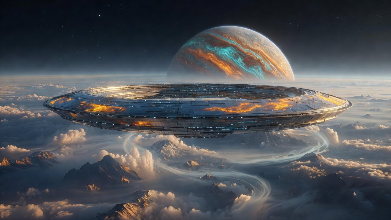 Grok Imagine reverse-channel text-to-image sample: a ring observatory floating above clouds with a giant gas planet behind