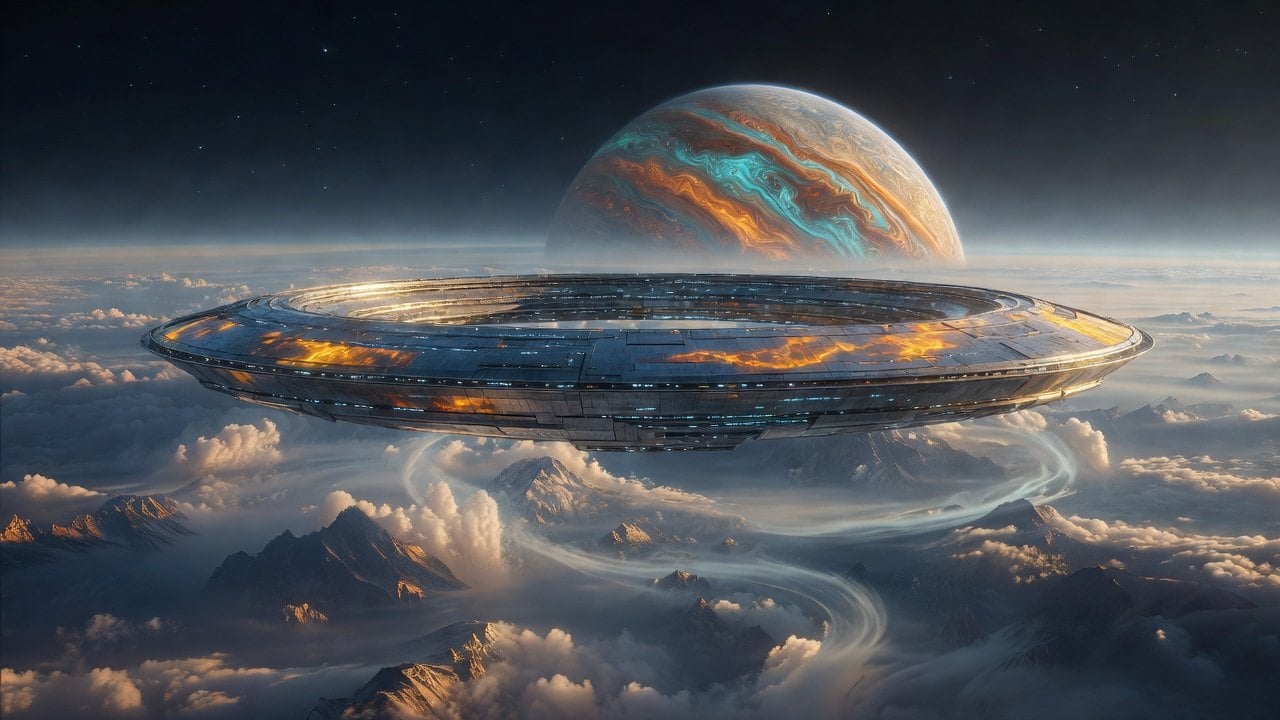 Grok Imagine reverse-channel text-to-image sample: a ring observatory floating above clouds with a giant gas planet behind