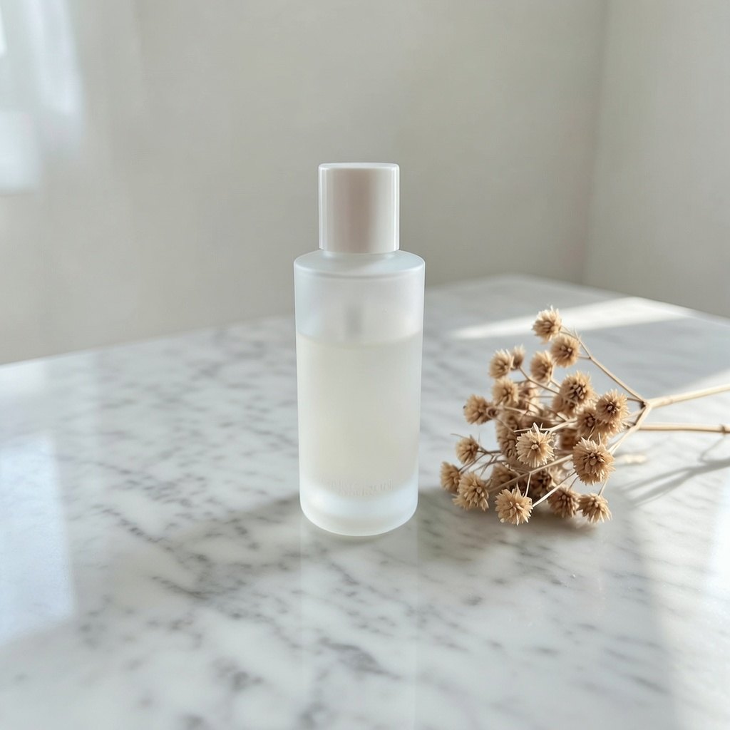 Grok Imagine reverse-channel editing sample: wooden table swapped for white marble while the bottle and dried flowers stay intact