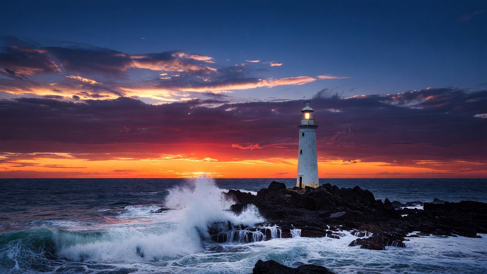 Grok Imagine official channel text-to-image sample: a 2K 16:9 lighthouse at dusk with rocks and breaking waves