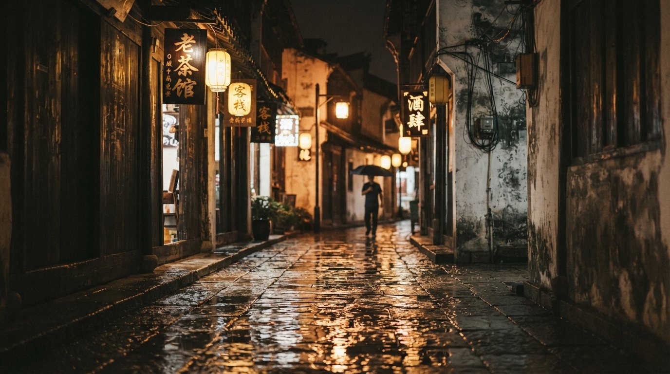 Nano Banana 2 Lite 文生图实测：16:9 雨后老城巷子，暖黄路灯与中文招牌清晰