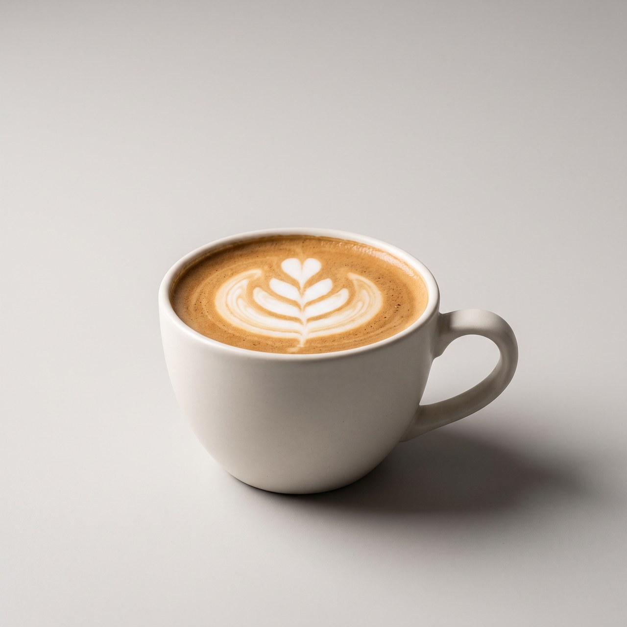 書き換えた prompt からのコーヒー画像: 温かみのある白い陶器のラテカップが、ニュートラルな薄いグレーの背景に置かれ、光の方向がはっきりしていて、影は右後方に落ち、どこにもテキストはなく、十分な余白がある