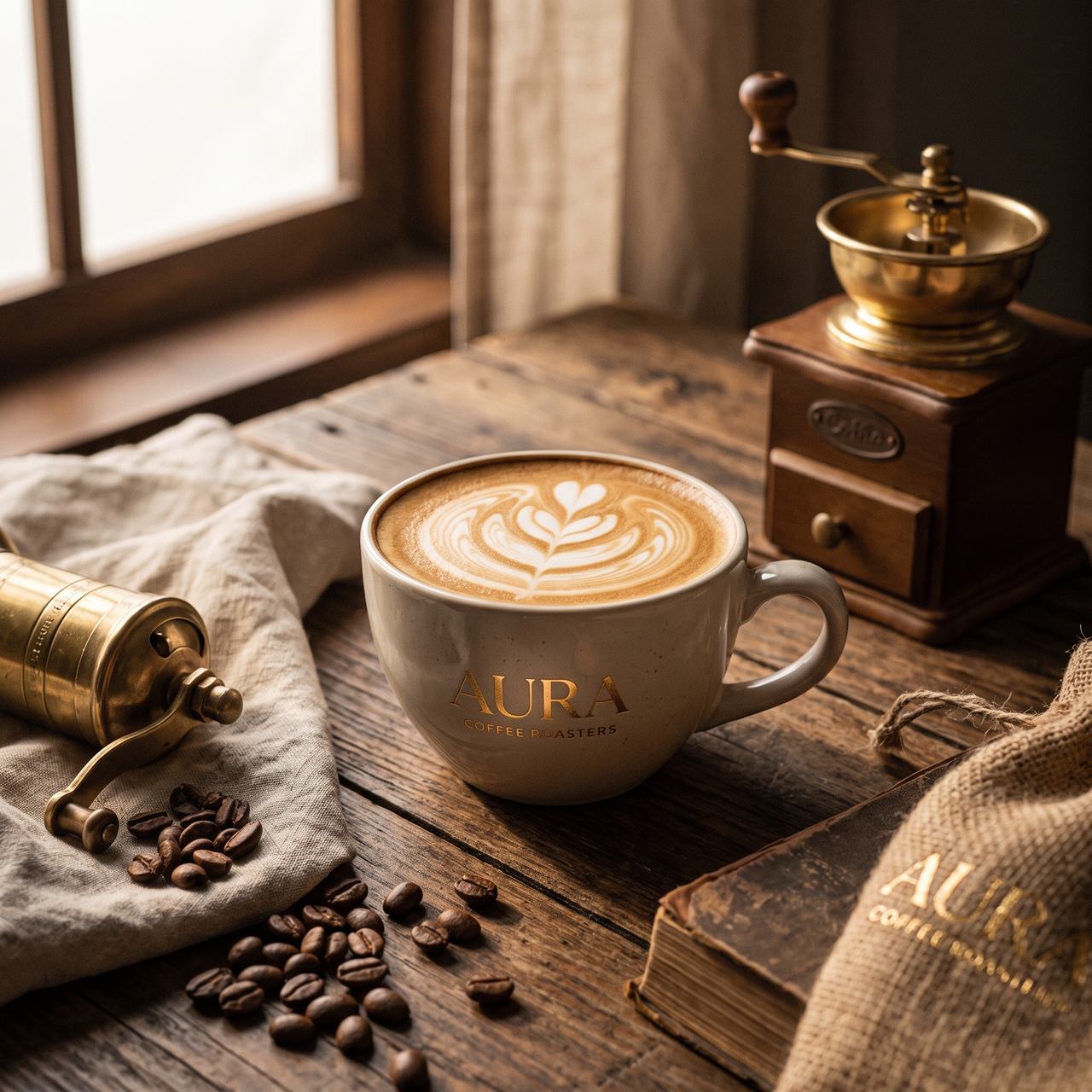 Coffee image from the casual prompt: wooden table, grinder, burlap sack and other props, with an invented brand name printed on the cup
