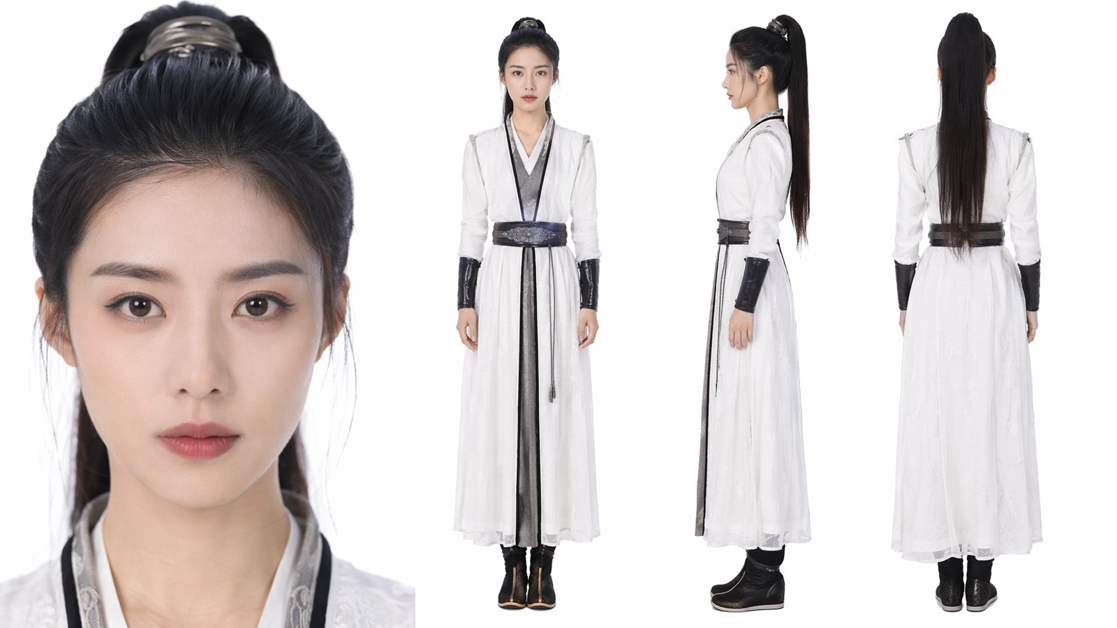 虚拟人像素材示例:同一 AI 生成古装女性角色的人脸特写与全身正面、侧面、背面视图