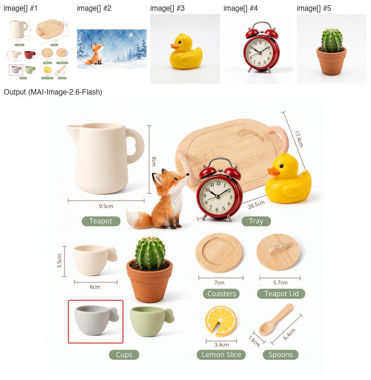 MAI-Image-2.6-Flash 多图融合示例：5 张参考图输入，4 个物体都被放进茶具图里，原图其余部分不变
