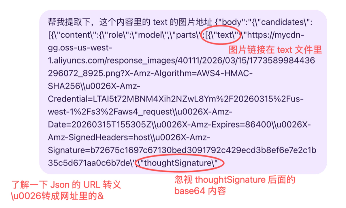 Diagram: the image link is in the text field, restore the JSON escape backslash u0026 back to the & symbol, and ignore the base64 content after thoughtSignature