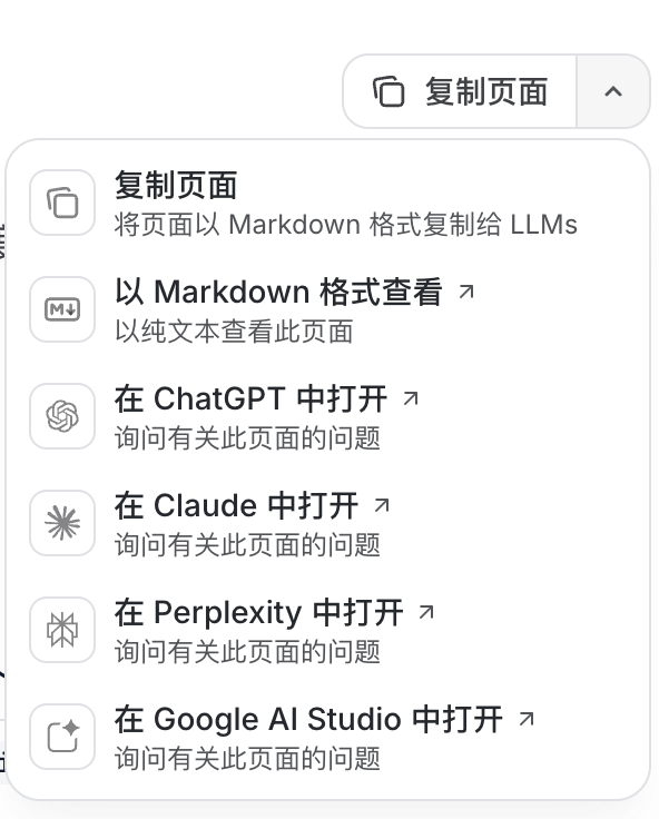 Every docs page has a 'Copy page' dropdown in the upper right: Copy page / View as Markdown / Open in ChatGPT / Claude / Perplexity / Google AI Studio
