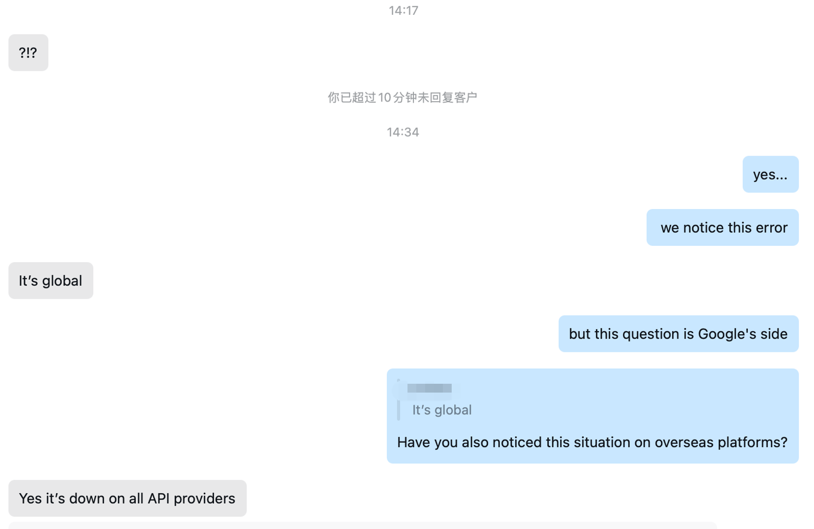 Support chat screenshot confirming the Nano Banana blurry issue is a global Google-side outage affecting all API providers overseas too