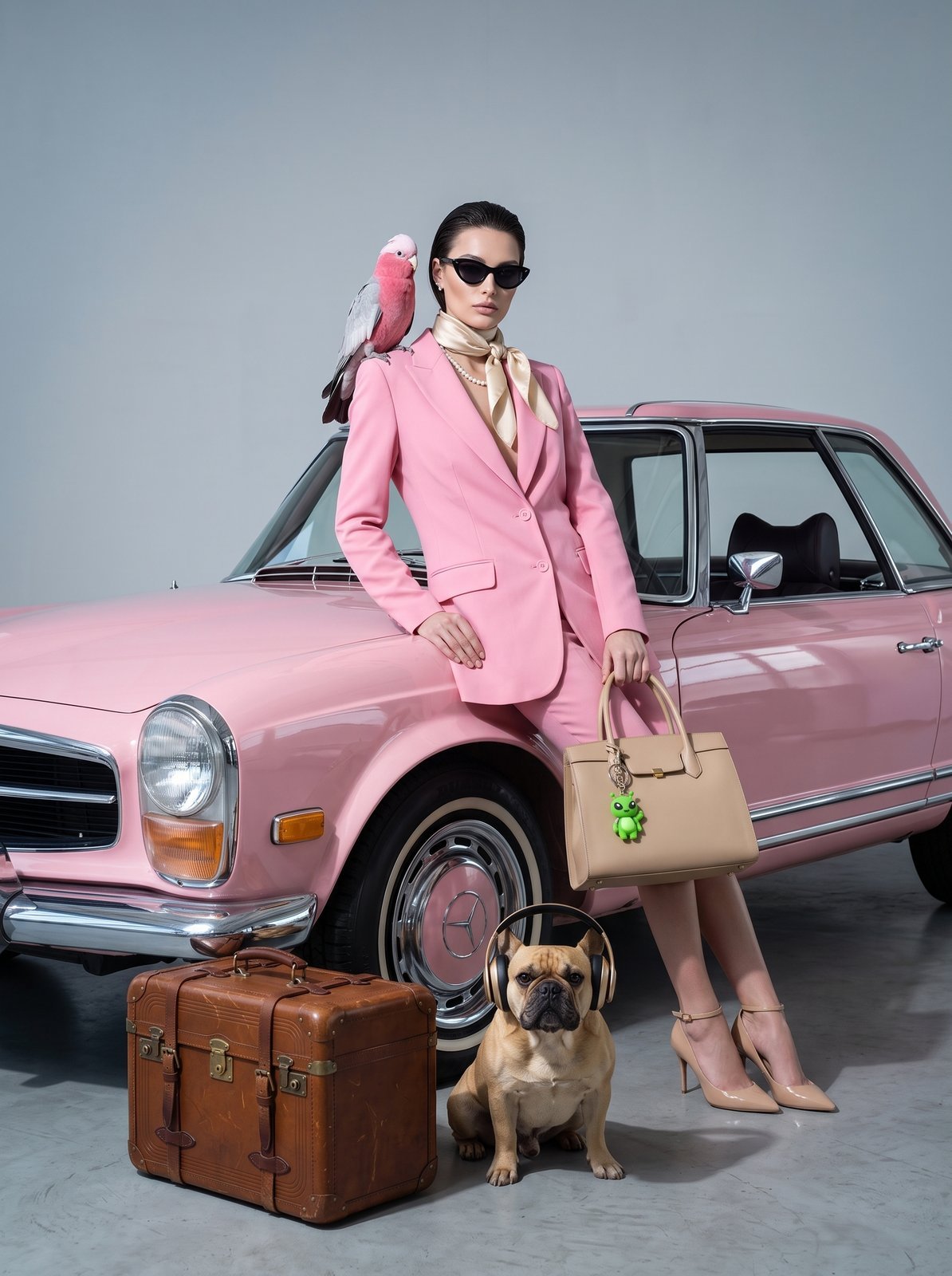 14 independent fashion elements fused into a complete fashion editorial scene, with the model leaning against a pink car, a parrot, a dog, a handbag and other elements all present