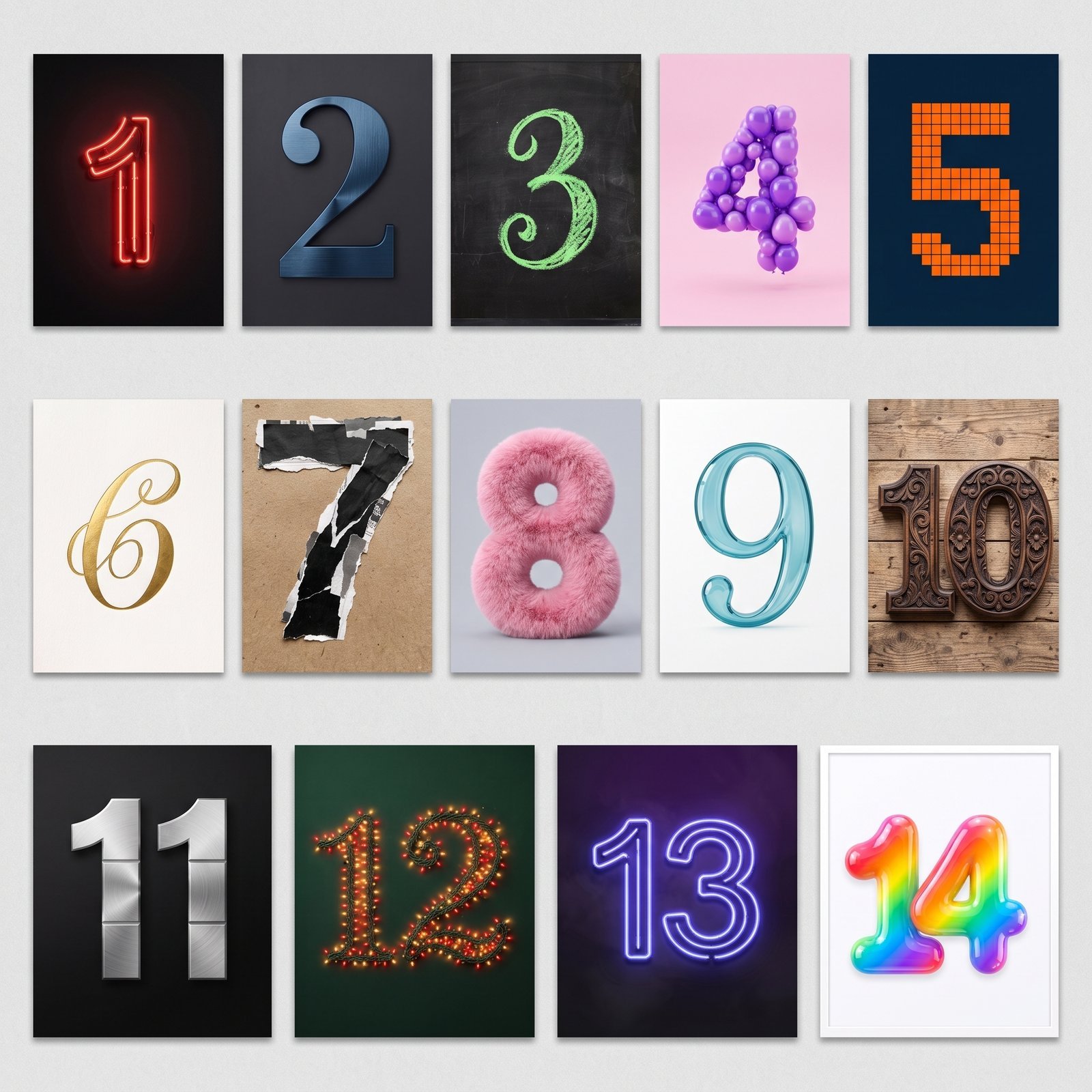 14 creative number cards fused into a 3-row-by-5-column grid poster, each number keeping its distinct color and material style