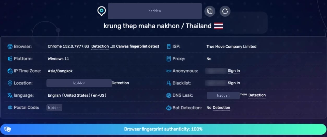 BrowserScan showing Windows 11 and fingerprint authenticity 100%