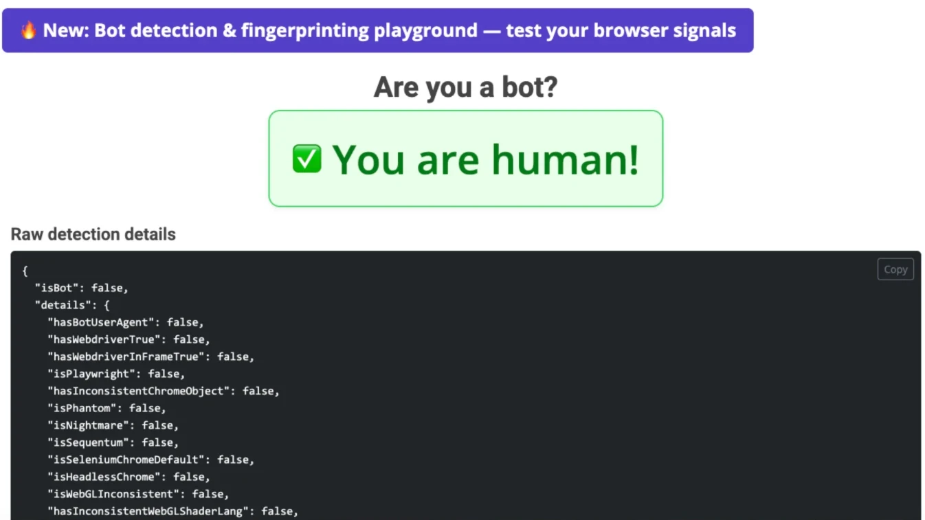 deviceandbrowserinfo.com showing You are human