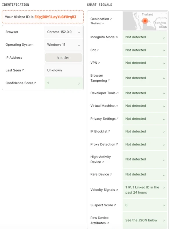 FingerprintJS Pro playground showing Chrome 152 on Windows 11 with suspect score 0