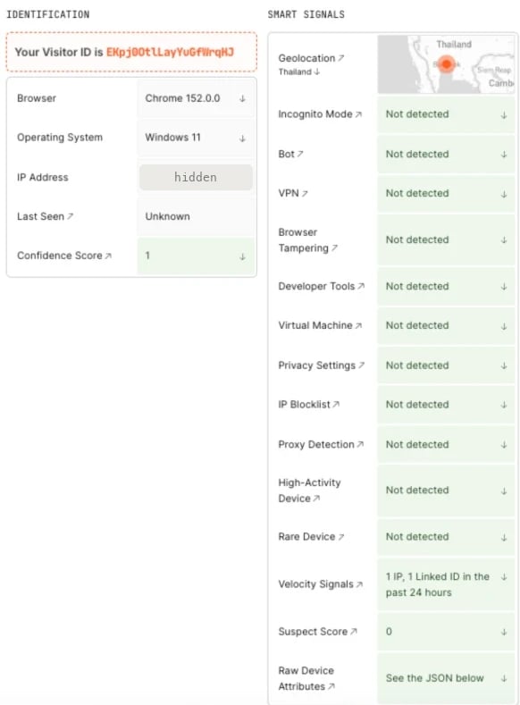 FingerprintJS Pro playground showing Chrome 152 on Windows 11 with suspect score 0