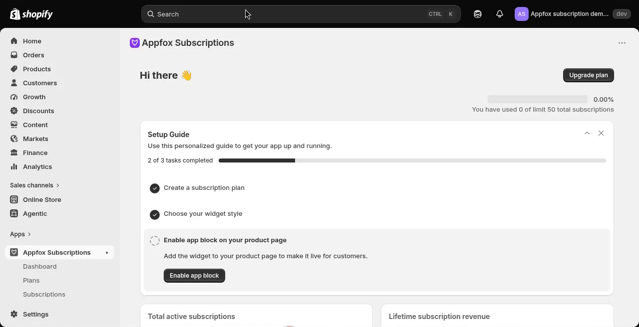 Setup guide showing 2 of 3 tasks completed