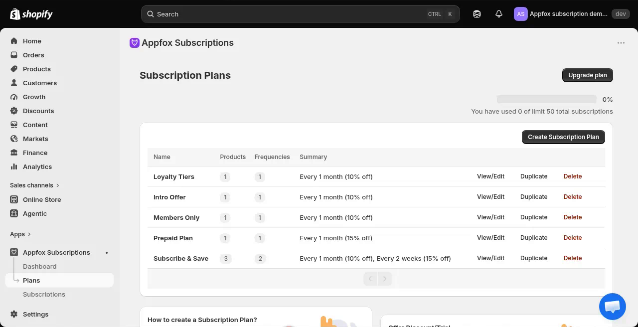 Subscription plans list showing five active plans