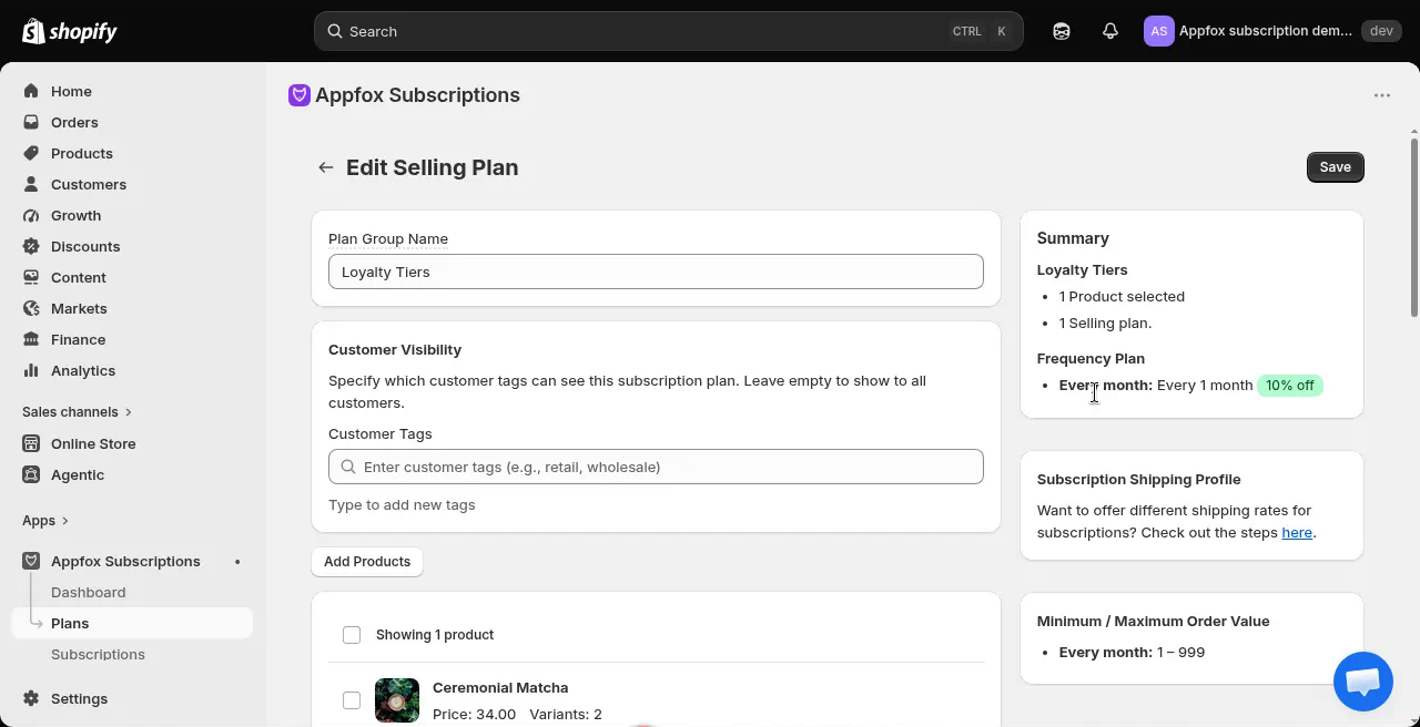 Edit selling plan screen for Loyalty Tiers plan