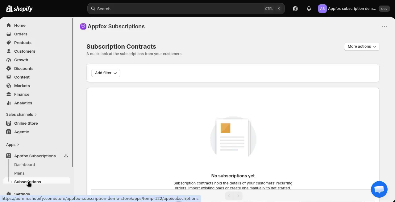 Subscriptions page showing empty state