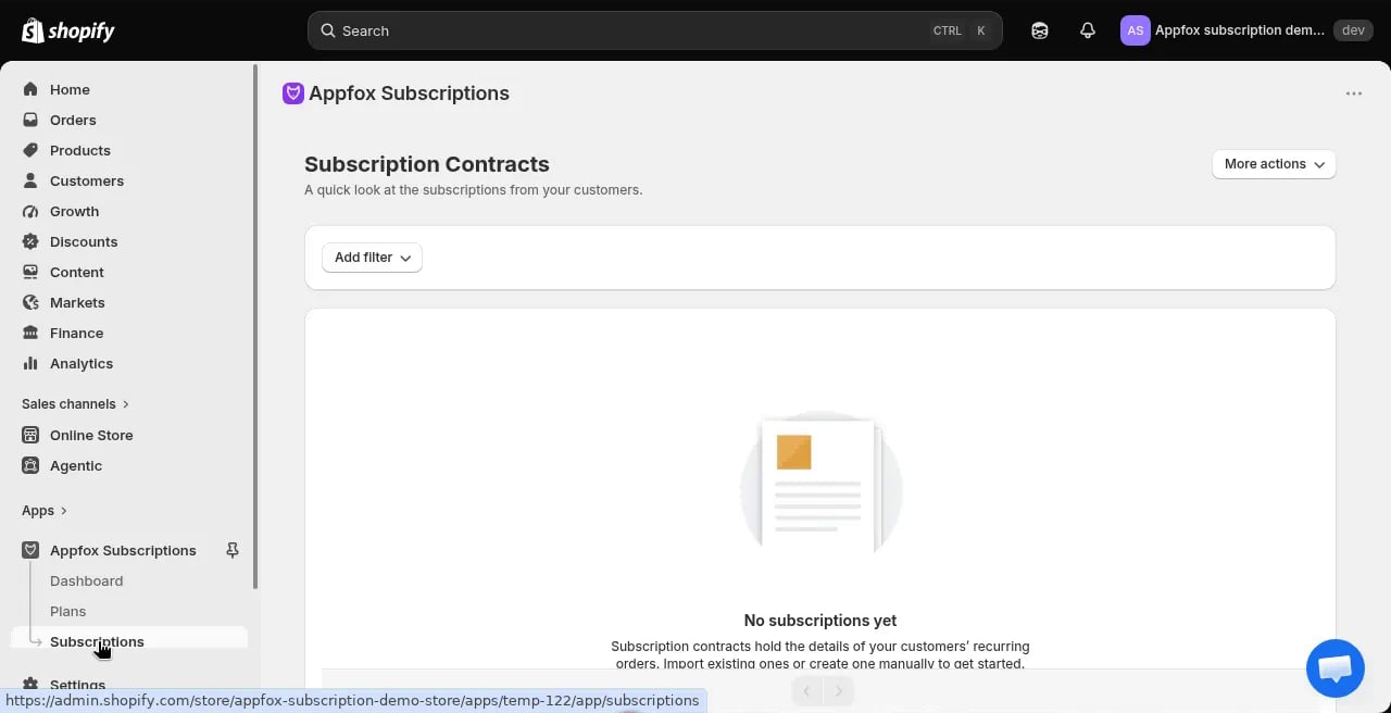 Subscriptions page showing empty state