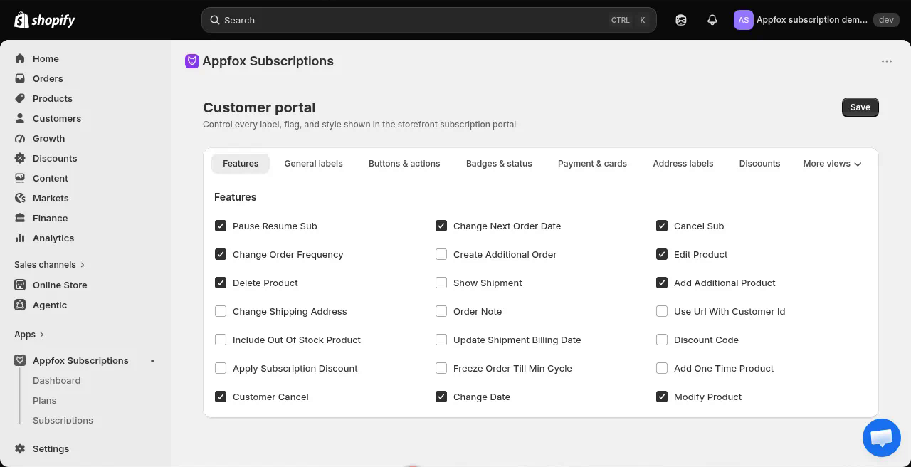 Customer portal settings showing Features tab