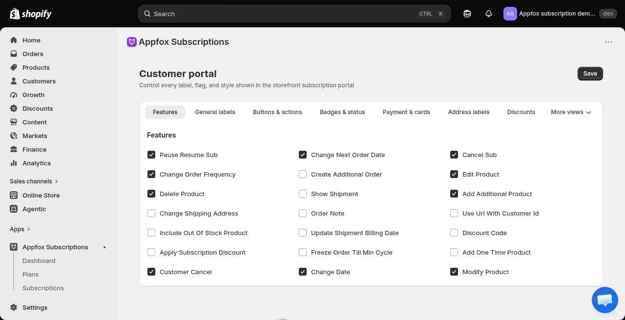Customer portal settings showing Features tab