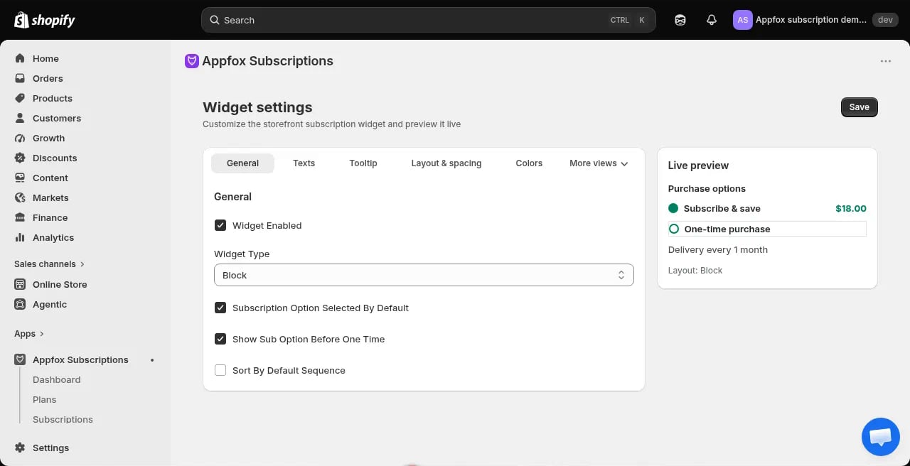 Widget settings page with General tab and live preview